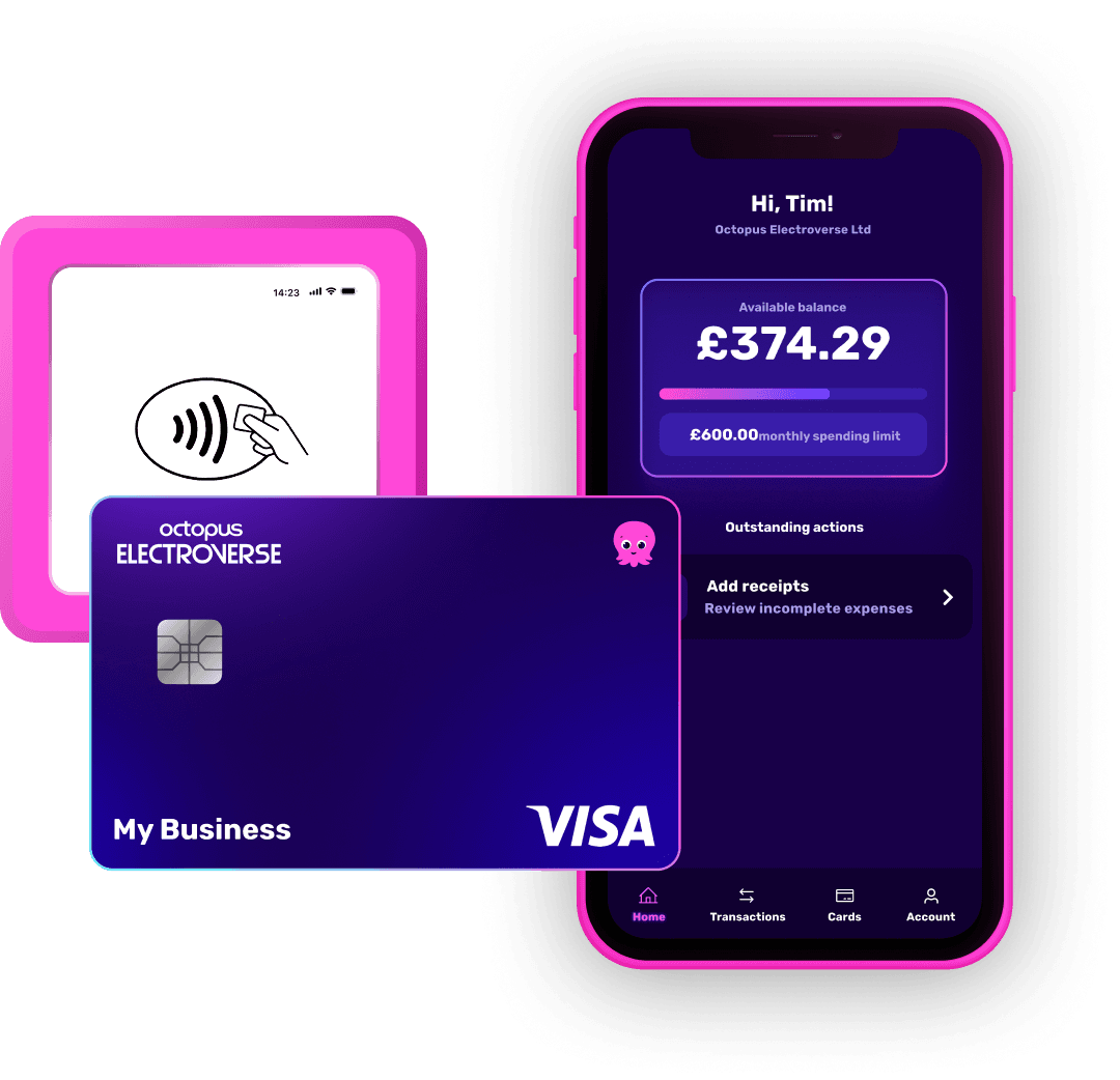 Smartphone displaying a financial app with balance details, accompanied by a purple Visa card and a contactless payment symbol.