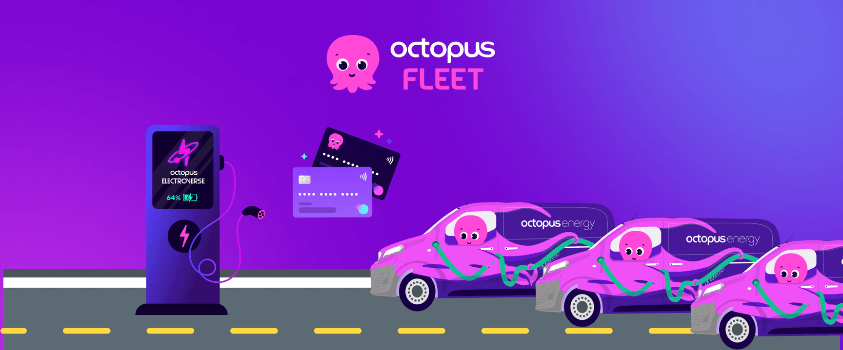 Illustration of three purple electric cars with Octopus branding, charging at a station on a road, with "Octopus Fleet" text on a purple gradient background.