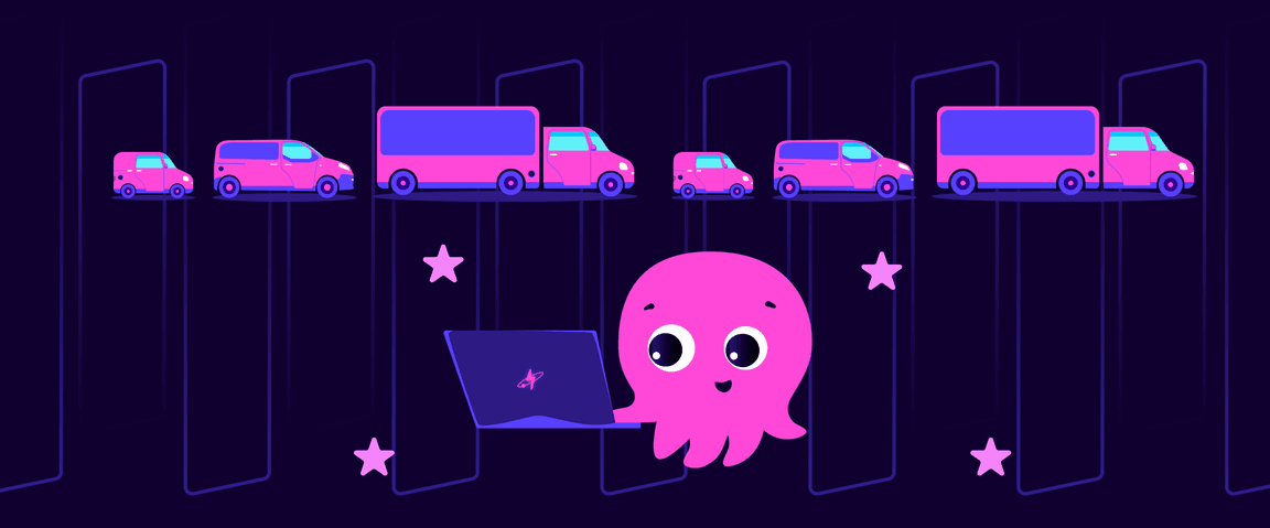 A cute pink octopus with a laptop floats in front of a row of purple and pink vehicles, with stars scattered around.