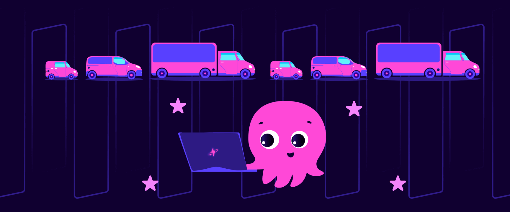 A cute pink octopus with a laptop floats in front of a row of purple and pink vehicles, with stars scattered around.