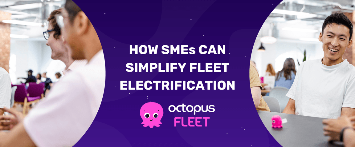 People smiling and talking in an office setting, with a text overlay about simplifying fleet electrification by Octopus Fleet.