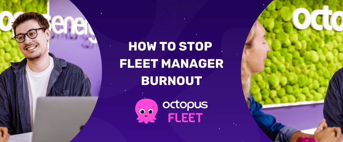 A smiling person sitting at a desk with a laptop in a bright office, beside a green plant wall. Text on preventing fleet manager burnout.