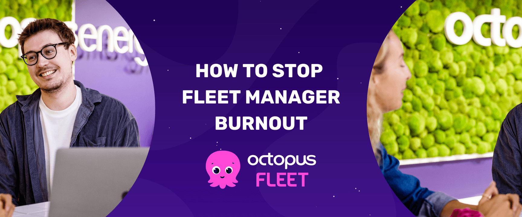 A smiling person sitting at a desk with a laptop in a bright office, beside a green plant wall. Text on preventing fleet manager burnout.