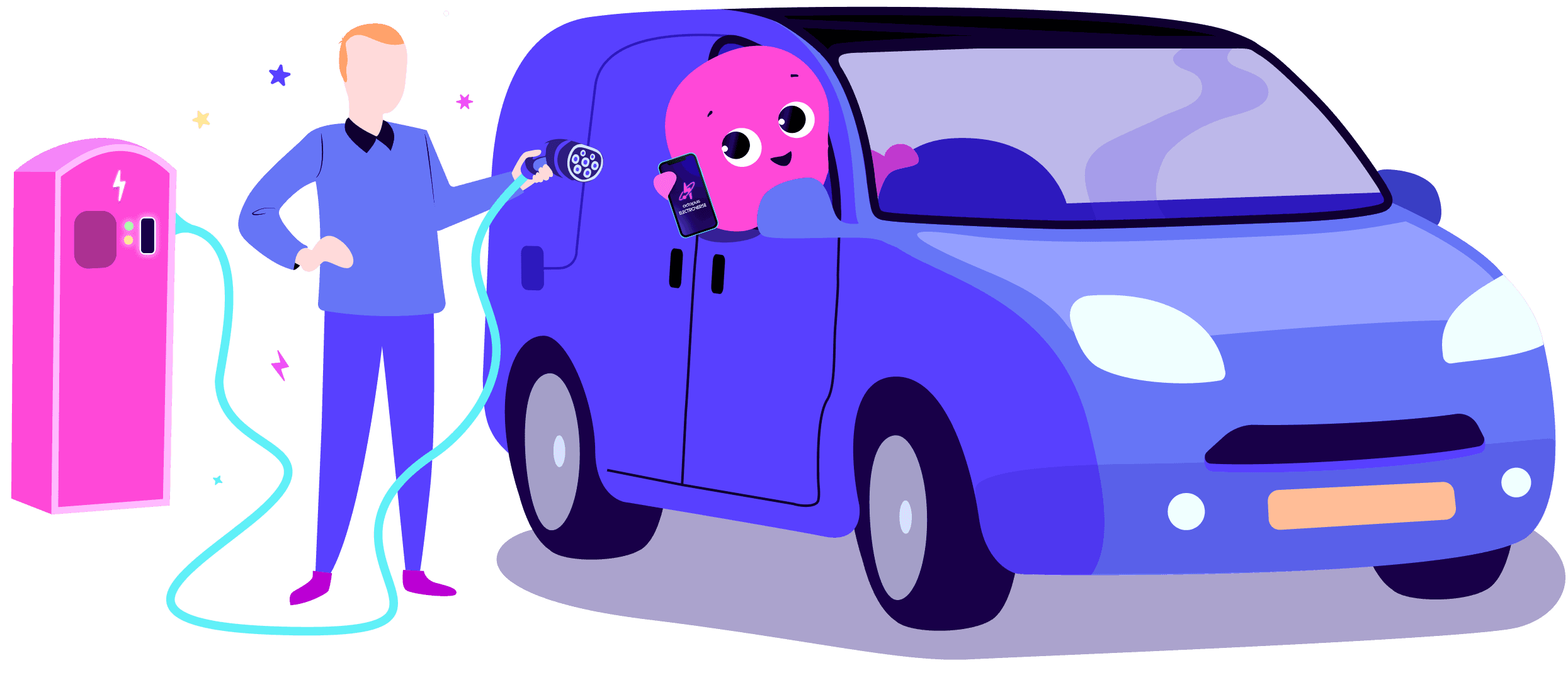 A person charges a blue electric car with a pink octopus inside, holding a smartphone near a pink charging station.