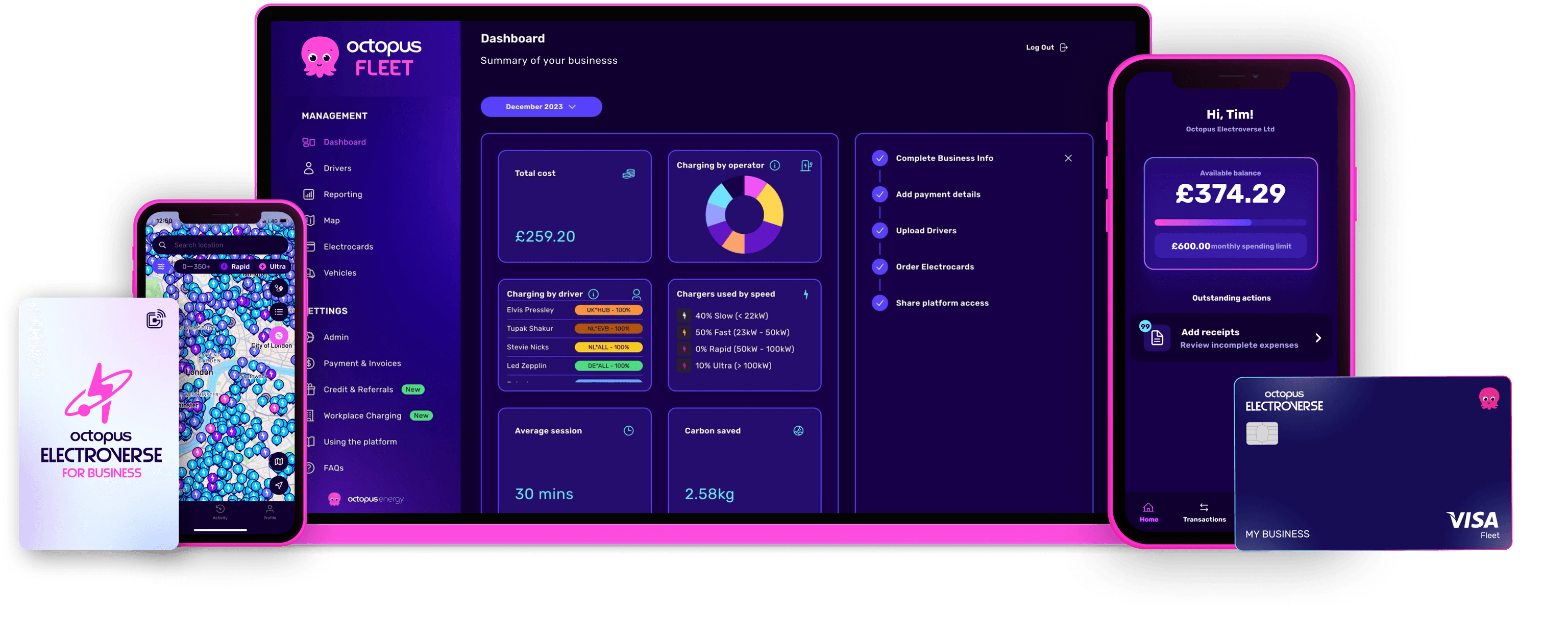 Digital dashboard showcasing Octopus Fleet and Electroverse apps on various devices, displaying analytics and financial info on a purple background.
