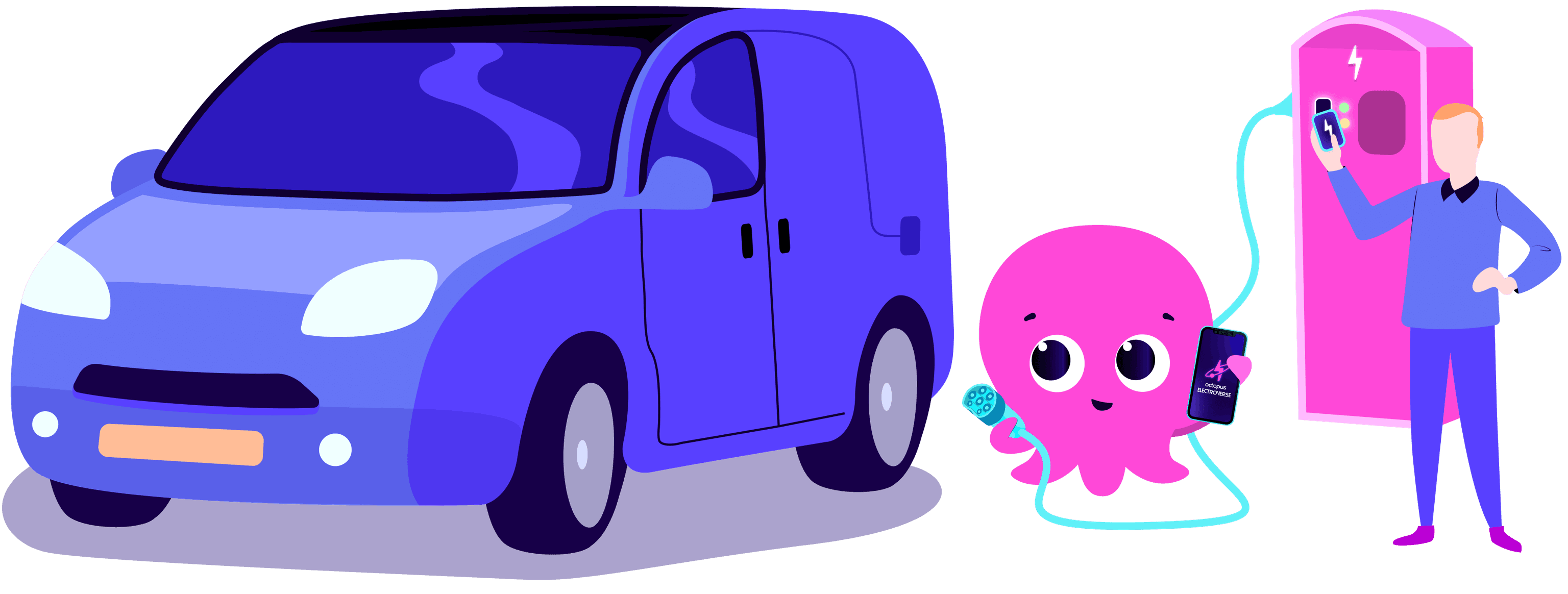 Illustration of an electric vehicle being charged. A pink octopus holds a charging cable, and a person interacts with a charging station.