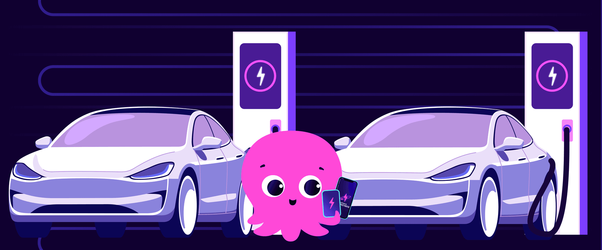Cartoon octopus holding a device between two charging electric cars at stations, with a purple background and matching theme.