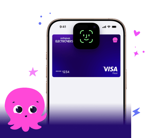 A smartphone displaying a digital Visa card with a purple background, surrounded by pink and blue stars, and a cute pink octopus character.
