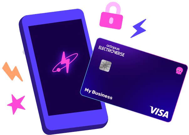 Illustration of a smartphone with a lightning bolt symbol and a Visa card labeled "Octopus Electroverse My Business" surrounded by icons.