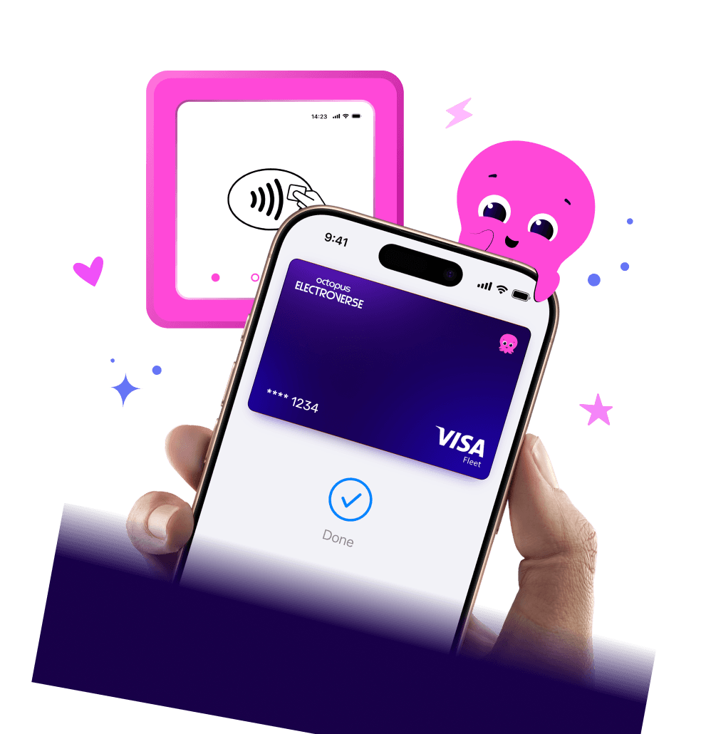 A smartphone displaying a Visa digital card, ready for contactless payment, with a pink character and NFC symbol in the background.