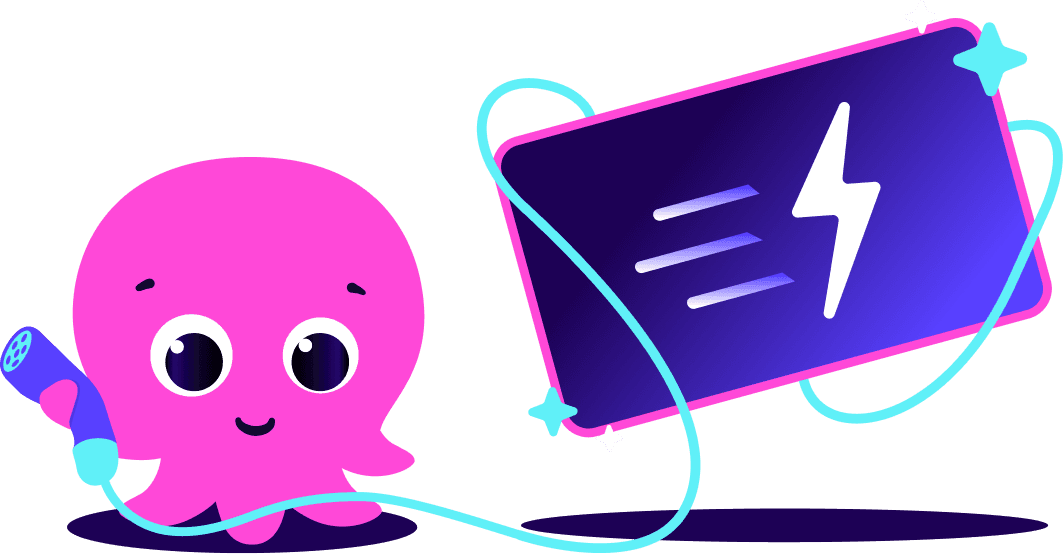 A cute pink cartoon octopus holding a microphone with a connected lightning bolt symbol on a glowing sign.