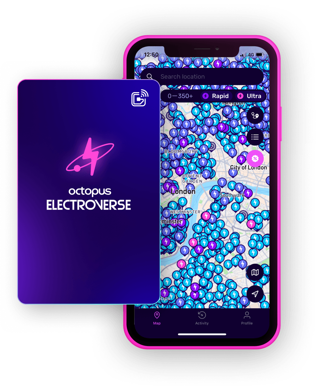 Smartphone displaying a map with numerous blue markers, alongside a card labeled "Octopus Electroverse" with a lightning logo.