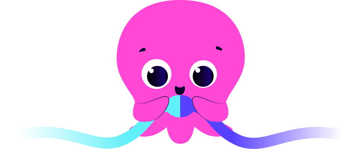 A cute pink octopus with big eyes is playfully holding two wavy ribbons, one blue and one purple, against a white background.
