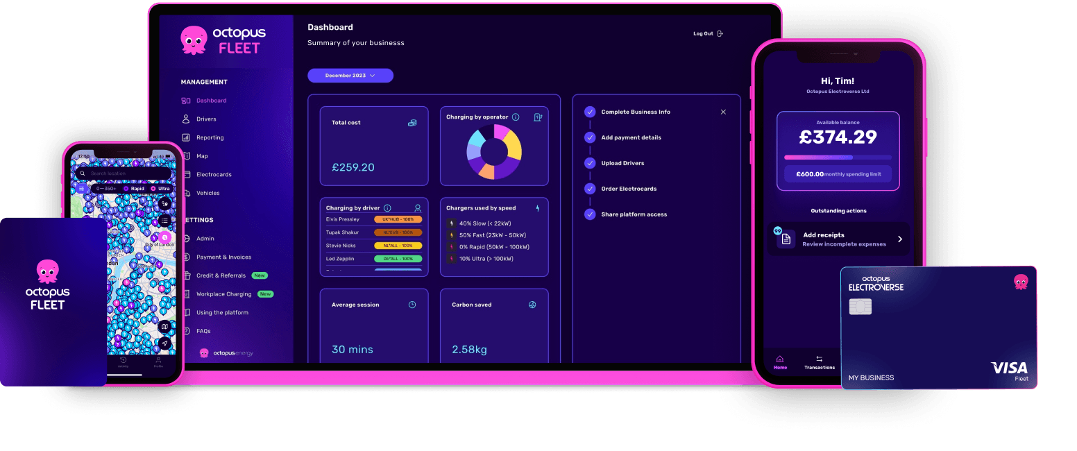 Digital display of Octopus Fleet app and card, showcasing a dashboard with cost analytics, map, and balance information on various devices.