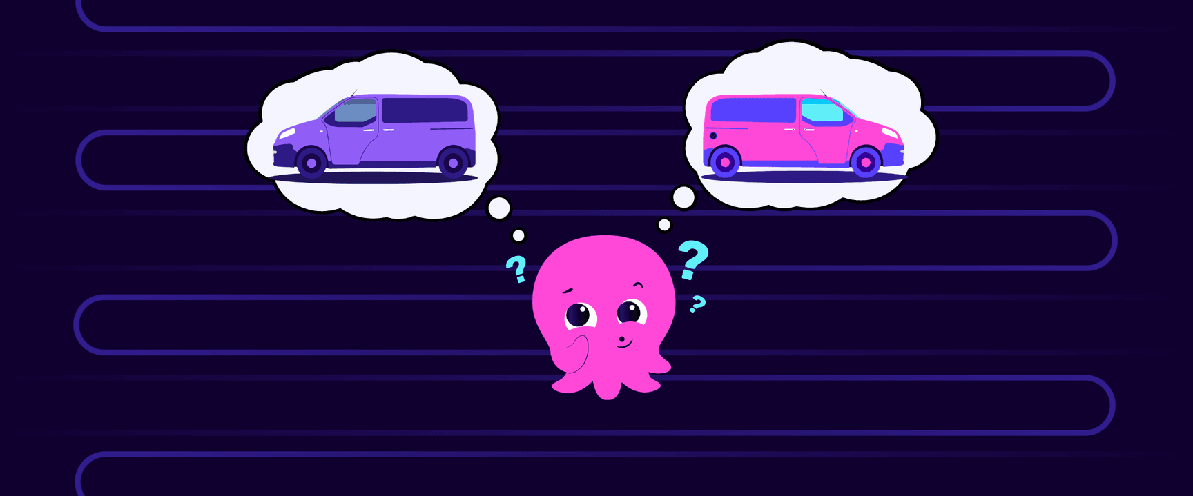 Pink cartoon octopus thinking about purple and pink vans, with question marks, on a dark striped background.