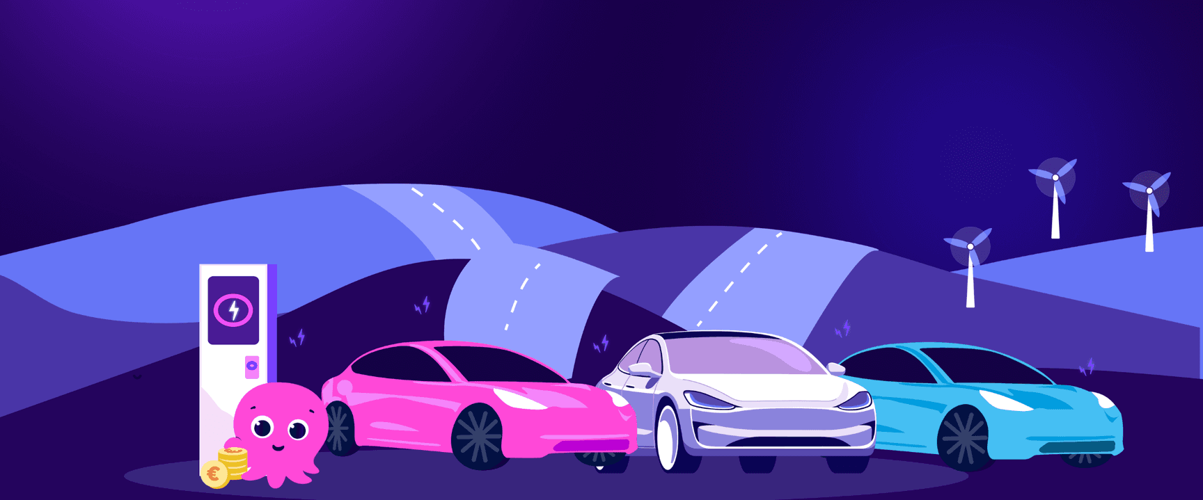 Three colorful cars parked by a charging station with coin-holding octopus. Background features winding roads and wind turbines under a purple sky.
