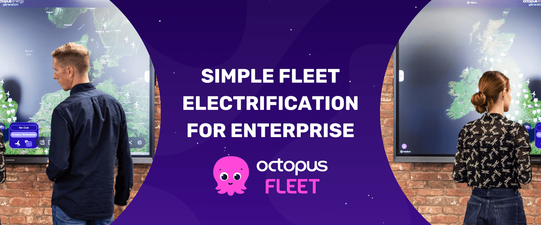 Two people interact with a digital map, with text reading "Simple Fleet Electrification for Enterprise" and the Octopus Fleet logo.