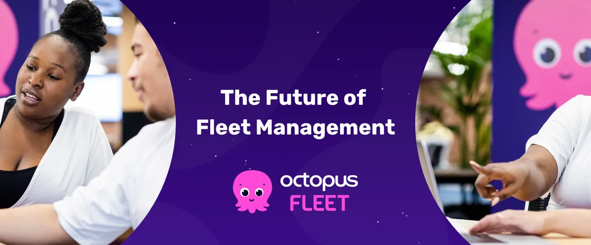 A group of people discussing at a table. The center text reads "The Future of Fleet Management" with an octopus logo below.