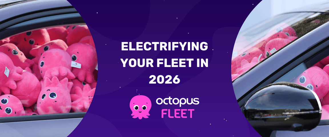 A car filled with pink octopus plushies, alongside text: "Electrifying Your Fleet in 2026" and Octopus Fleet logo on a purple background.