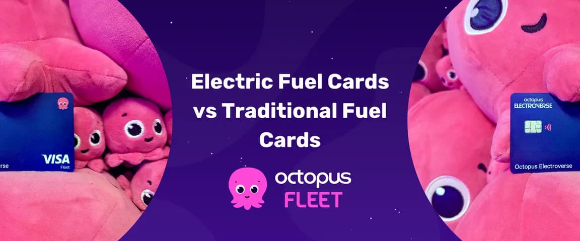 Pink plush octopuses surround two cards, with text "Electric Fuel Cards vs Traditional Fuel Cards" over a purple background.