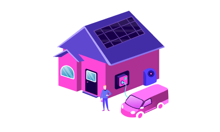 Illustration of a house with solar panels, an electric car charging, and a person standing nearby.