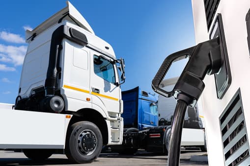 Two trucks parked near a charging station, with a focus on the charging connector. Bright, clear sky in the background.