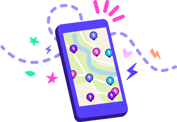 Illustration of a smartphone displaying a map with location pins marked by lightning bolts. Colorful stars and hearts surround the phone.