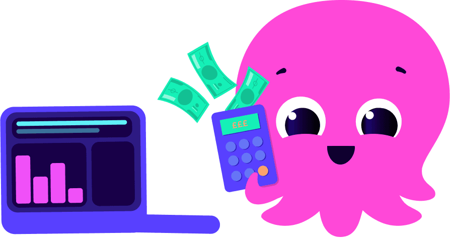 A cartoon pink octopus holding a calculator and money, next to a laptop displaying a bar chart.