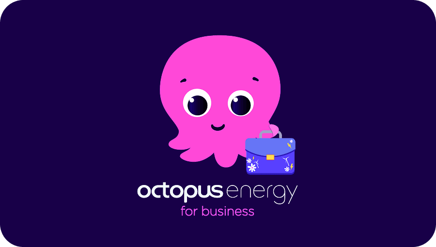 Cute pink octopus with a briefcase, representing "Octopus Energy for Business" on a dark purple background.